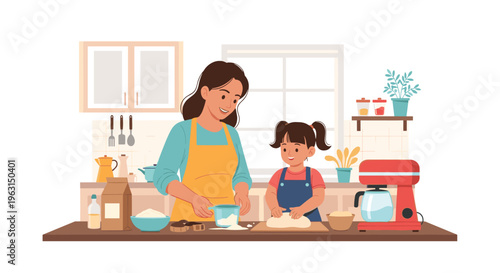Happy mother and her young daughter spending time together baking bread and cookies in their cozy modern home kitchen interior.