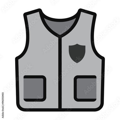 Gray vector bulletproof vest with a shield symbol and two front pockets