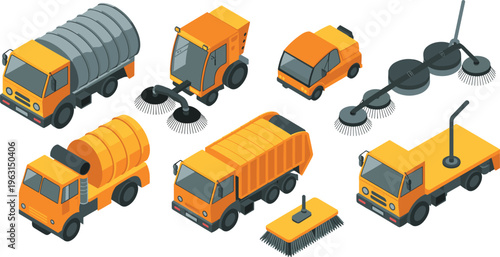Isometric street cleaning vehicles with sweepers trucks sanitation equipment urban maintenance service cleaning system illustration concept