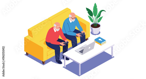 Two elderly men sitting on a yellow couch and having fun while playing video games with controllers in a cozy living room.