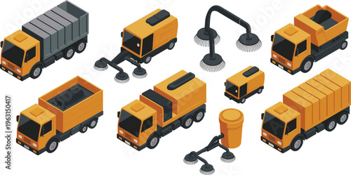 Isometric street cleaning vehicles set with garbage trucks sweepers sanitation equipment urban cleaning service illustration concept