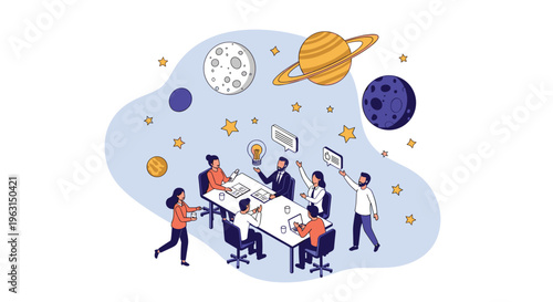 Group of diverse professionals having a creative business meeting at a table under a night sky filled with stars and planets.