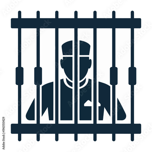 Vector of a person behind bars in a prison cell with a solemn expression