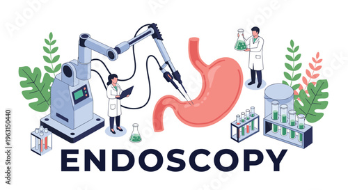 Medical professionals perform robotic endoscopy on a human stomach model in a clinical laboratory setting for research.