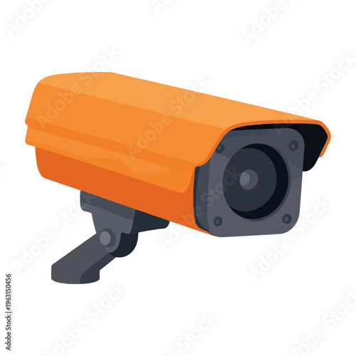 Bright orange vector security camera with a black lens mounted on a sturdy base
