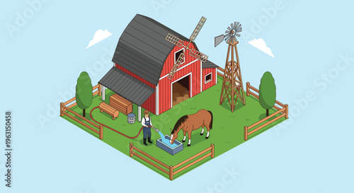 Farmer waters a horse at a traditional red barn farm with a windmill and green pasture under a clear blue sky.