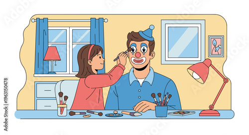 Young girl applies colorful makeup to her smiling father who is dressed as a clown in a cozy living room at home.