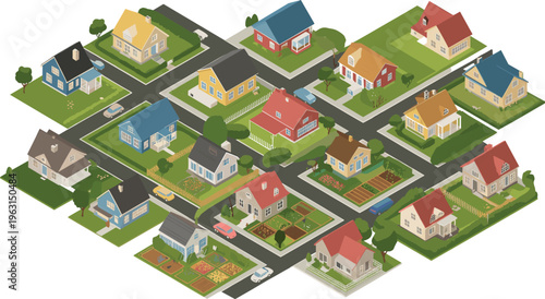 Isometric suburban neighborhood with colorful houses streets gardens residential district urban planning homes community landscape modern living illustration