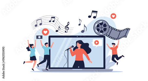 Cheerful young people dance and celebrate while watching a live music concert through a laptop screen during a virtual event.