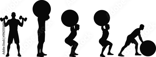 Set of five male silhouettes performing gym exercises with dumbbells and heavy medicine balls isolated on white background for fitness design