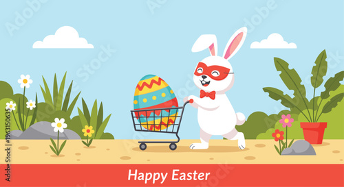 White Easter bunny wearing a superhero mask pushes a shopping cart with a large decorated egg through a flower garden.