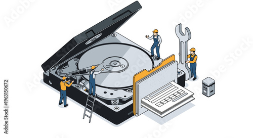 Tiny technicians use tools like wrenches and ladders to repair a large open computer hard drive and manage data files.