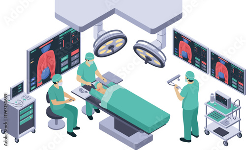 Isometric surgical operation room with doctors performing procedure medical equipment healthcare technology hospital surgery concept modern illustration