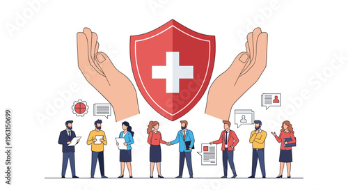 Giant hands protect a diverse group of business people behind a large red shield with a white cross for health insurance.