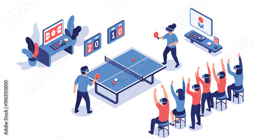 Players use virtual reality headsets to compete in a table tennis match while an audience watches and cheers for them.