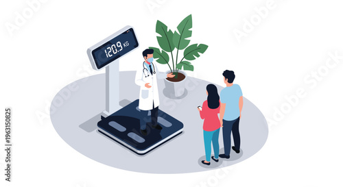 Doctor discusses health and weight management with a patient while standing on a large digital scale in a clinic setting.