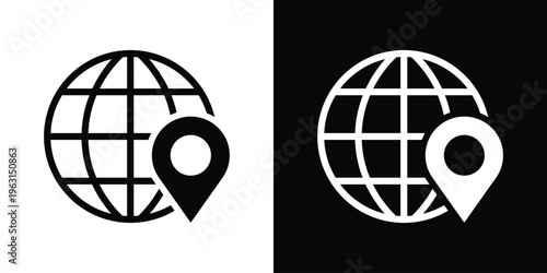 Minimalist globe icon combined with a location pin, representing global navigation, GPS tracking, and worldwide connectivity. Clean vector design in black and white, ideal for maps, travel, and web in