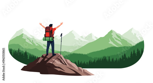 Adventurous hiker stands atop a rocky peak with arms raised in victory overlooking a vast green mountain range and forest.