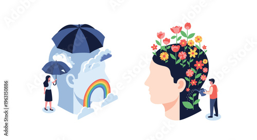Comparison of negative and positive mental health shows one mind clouded by sadness and another blooming with vibrant flowers.