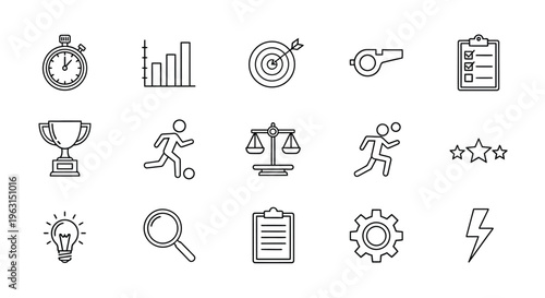 Collection of business icons depicting goals and achievements silhouette
