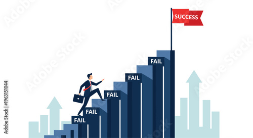 Determined businessman climbs a series of stairs labeled fail to reach the final goal of success marked by a red flag.