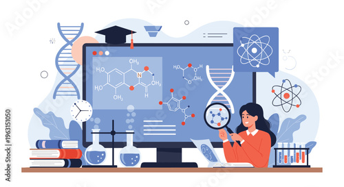Student uses a magnifying glass to study chemical structures on a large computer screen in a science laboratory.