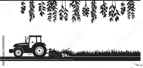 Black silhouette tractor cutting grass under hanging leaves