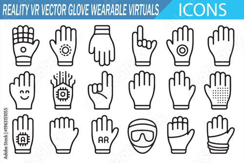 Doodle style virtual reality icons collection with hand tracking and smart gloves