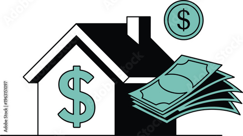 Minimalist house with dollar symbol and cash money real estate investment mortgage finance property value vector illustration concept