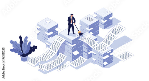 Businessman uses a broom to sweep away stacks of messy paperwork to organize his digital and physical workspace.