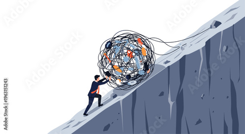 Businessman pushes a giant ball of garbage and tangled junk up a steep cliff side to symbolize financial debt and hard work.
