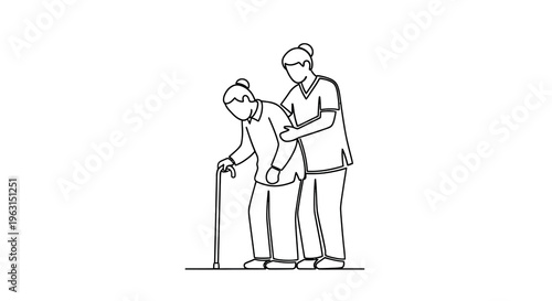 Nurse assisting elderly woman with a walking cane linear silhouette