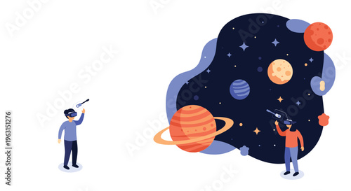 Two young people wearing virtual reality headsets explore outer space and diverse planets in a futuristic digital learning experience.