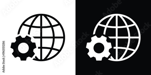 Black globe with latitude and longitude lines beside a gear icon on white background, symbolizing global settings, international configuration, and worldwide technology concepts.