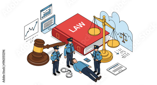 Detailed isometric scene illustrates a crime investigation with police officers, a law book, justice scales, and a forensic body.