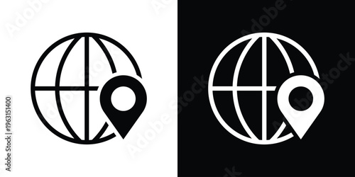 Minimalist globe icon combined with a location pin, representing global navigation, GPS tracking, and worldwide connectivity. Clean vector design in black and white, ideal for maps, travel, and web in
