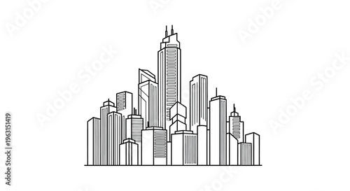 Modern cityscape drawing with tall buildings and a striking silhouette