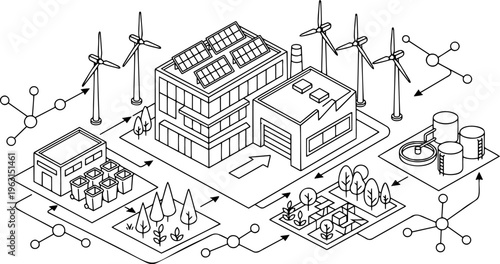 Isometric line art of sustainable green factory and eco industrial park