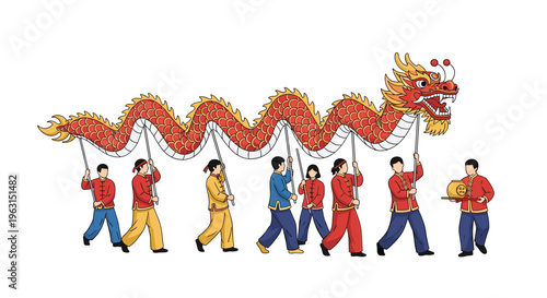 Traditional chinese dragon dance is performed by a group of skilled acrobats during a vibrant cultural festival or lunar new year.