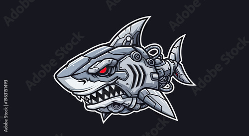 Futuristic Robotic Shark Mascot Illustration with Mechanical Armor and Glowing Red Eye