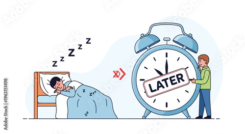 Young man procrastinates by sleeping in bed while another person moves a giant alarm clock labeled later for his morning work shift.