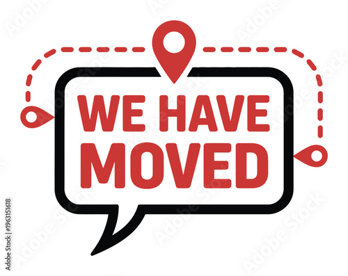 We Moved" Announcement with Location Pins and Dotted Line Path