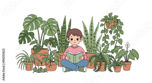Illustration of a young girl sitting cross-legged reading a book surrounded by various potted plants and lush greenery in a serene setting.