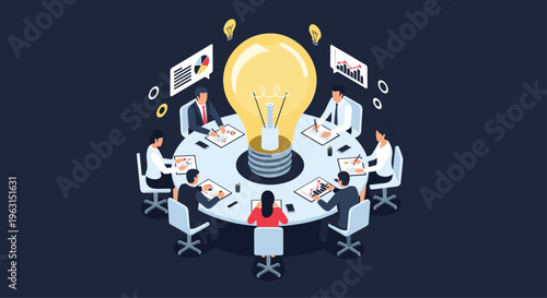 Professional business team sits around a table with a massive lightbulb to brainstorm creative ideas and innovative solutions.