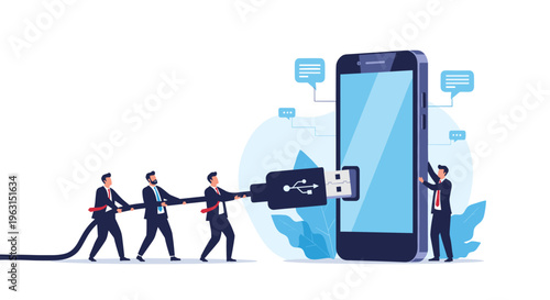 Diverse group of business professionals work together to plug a large usb cable into a giant smartphone for digital connectivity.