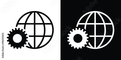 Black globe with latitude and longitude lines beside a gear icon on white background, symbolizing global settings, international configuration, and worldwide technology concepts.
