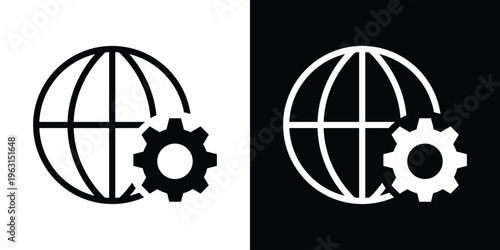 Black globe with latitude and longitude lines beside a gear icon on white background, symbolizing global settings, international configuration, and worldwide technology concepts.