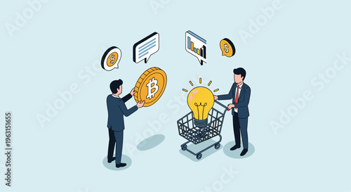 Businessmen exchange a giant golden bitcoin for a glowing lightbulb to symbolize investing in new creative ideas and inventions.