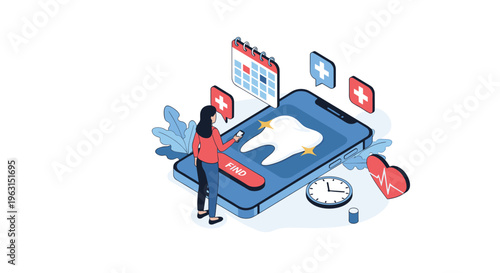 Young woman uses a mobile health application on her smartphone to find a local dentist and schedule a dental checkup appointment.