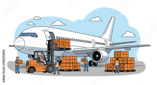 Logistics workers use an orange forklift to load heavy cargo boxes onto a large white airplane at an international airport terminal.